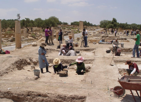 An archaeological excavation team from Yarmouk University works at the site of a newly-discovered Hellenistic temple in Umm Qais (Photo courtesy of Atef Sheyyab)