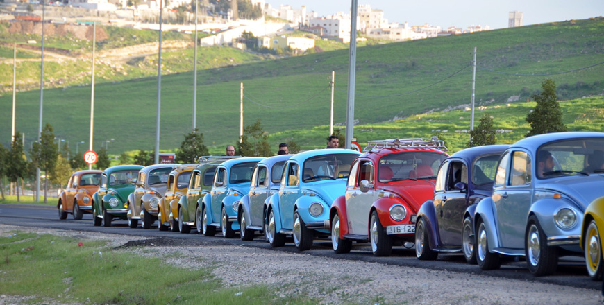 Some 80 Volkswagen beetle drivers go out in an all-beetle cars tour around Amman as part of a group dubbed ‘Talaat Foxat’ (Volkswagen tour) (Photo by Muath Freij)