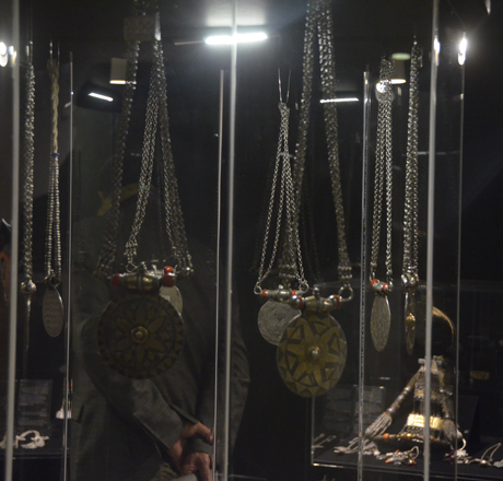 Traditional silver jewellery on display at the ‘Ya Hafeth Ya Ameen’ exhibition held at the Widad Kawar Home for Arab Dress, Tiraz (Photo by Muath Freij)