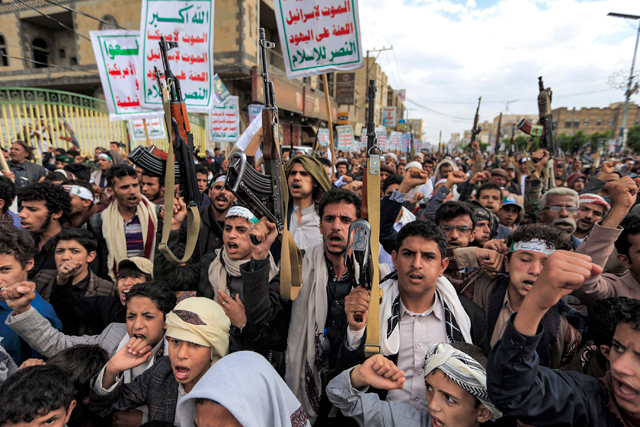 Shiite Muslim supporters of the Iran-backed Houthi rebels gather to commemorate the anniversary of the death of Shiite Imam Zaid Bin Ali in the Houthi-held Yemeni capital Sanaa, on Thursday (AFP photo)