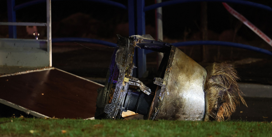 View of a fragment of a Huthi ballistic missile launched from Yemen at Israel that crashed in the central Israeli town of Bet Shemesh, nearoccupied Jerusalem, on December 31, 2024 (AFP photo)