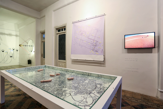 Spanish artist Isidro López-Aparicio’s ‘Mapping Refugee Camps, Jordan, 2012 – 2018’ is seen on display at Darat Al Funun’s Blue House in Jabal luweibdeh recently (Photo courtesy of Darat Al Funun)