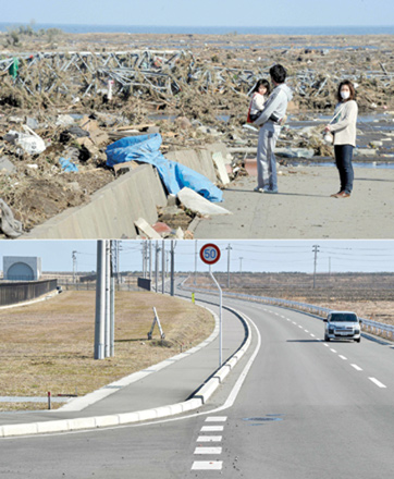 This combination of photos, created on March 4, shows local residents (top) looking at debris brought by the huge tsunami in Minamisoma, Fukushima prefecture on March 12, 2011; and the same area (bottom) nearly 10 years later, on January 25 (AFP photo)