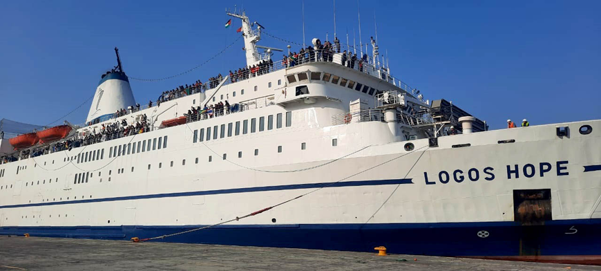 The world’s largest floating library, Logos Hope, docked at the Aqaba port on Wednesday. The ship will open its doors to the public on Thursday (Petra photo)