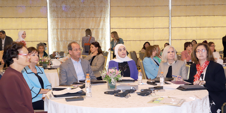 Minister of State for Legal Affairs Wafa Bani Mustafa and Media Minister Faisal Shboul attend a conference to launch the  2021 Regional Index on Violence Against Women and Girls in Amman on Saturday (Petra photo)