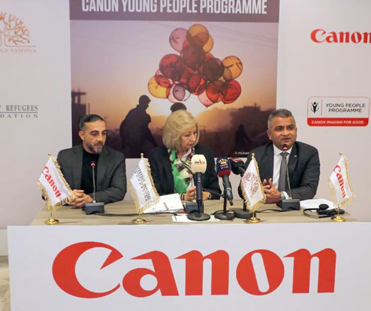 Culture Minister Haifa Al Najjar, Venkatasubramanian (Subbu) Hariharan, managing director, Canon Middle East and Turkey and Canon Ambassador Muhammed Muheisen during a press conference in Amman on Tuesday (Photo courtesy of Canon Facebook page)