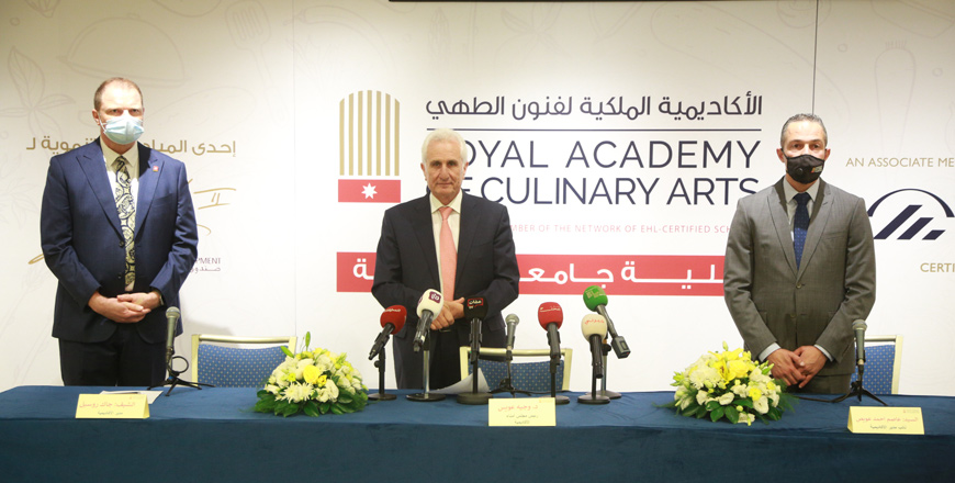 Chairman of RACA’s Board of Trustees Wajeh Oweis, RACA’s Director Jacques Rossel and RACA’s Deputy Director Asem Ahmad Oweis during a press conference on Wednesday  (Photo courtesy of RACA)