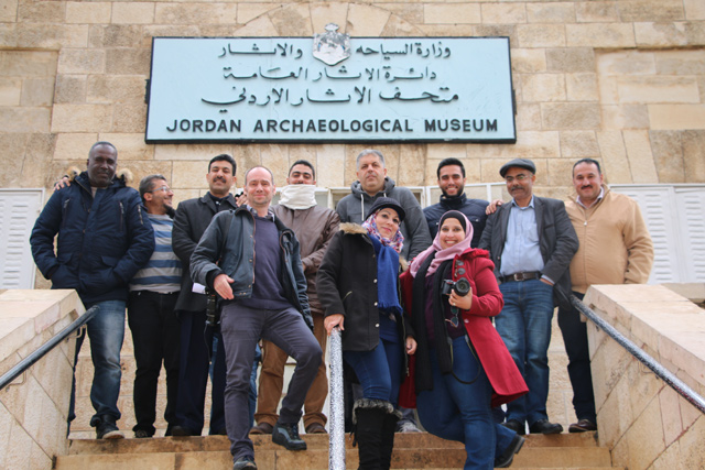 Photographer Johannes Kramer (third from left) poses with participants in the workshop in front of the Archaeological Museum at Amman Citadel on February 2 (Photo courtesy of DOJAM)