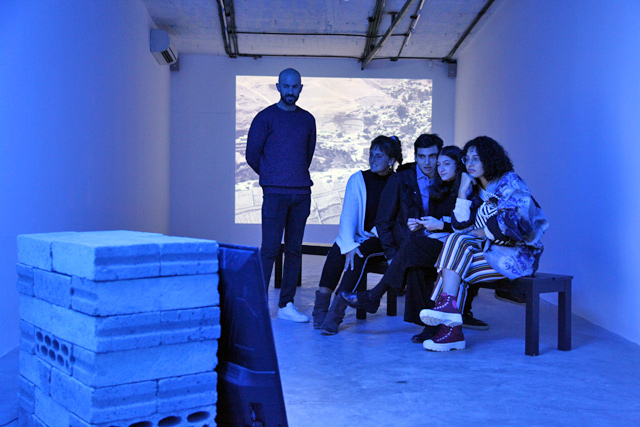 Visitors experience the exhibition ‘Liquid entities’, which is open until December 25, at the Darat Al Funun Lab in Amman  (Photo courtesy of Darat Al Funun)