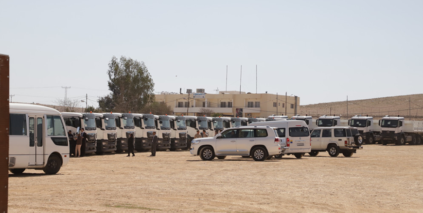 The German government on Wednesday delivers 32 additional trucks to the Jordan Hashemite Charity Organisation (JHCO) to boost the Jordanian humanitarian corridor to war-torn Gaza (Photo courtesy of JHCO)