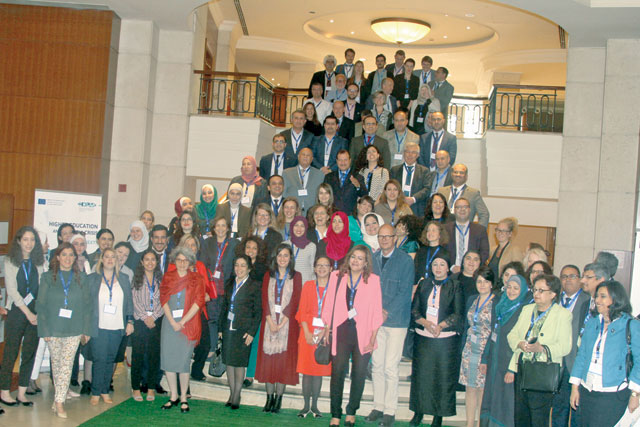 Participants of the Higher and Further Education Opportunities and Perspectives for Syrians’ conference pose for a photo at Le Grand Amman Hotel, on Wednesday (Photo courtesy of the EU)