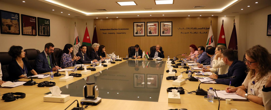 President of the Independent Election Commission (IEC) Musa Maaytah receives on Thursday the European Union delegation participating in monitoring the 2024 Lower House elections (Petra photo)