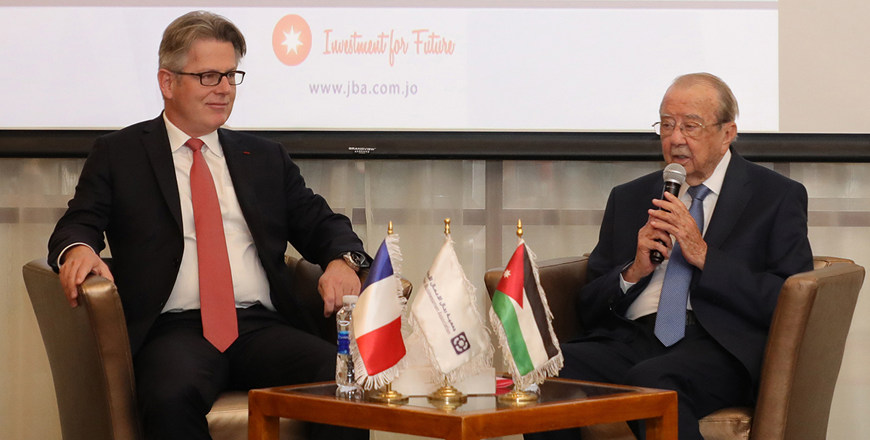 JBA President Hamdi Tabbaa and French Ambassador Alexis Le Cour Grandmaison during a meeting on Satruday (Petra photo)