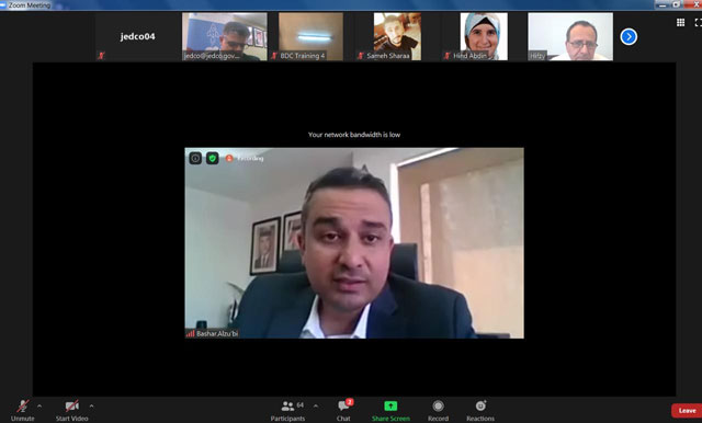 In this image grab, JEDCO CEO Bashar Al Zou’bi is seen speaking during a virtual awareness session about ‘Intellectual Properties Capacities for Smart, Sustainable and Inclusive Growth in the Mediterranean Region’ on Tuesday (Photo courtesy of JEDCO)