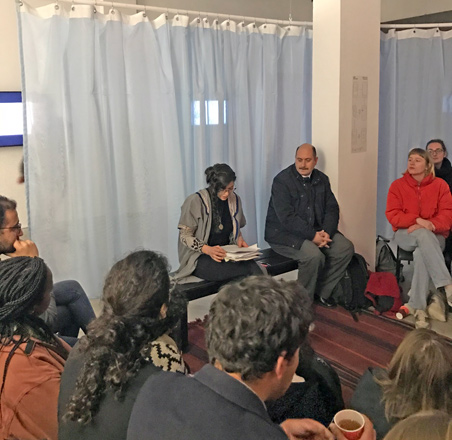   Hanna Al Taher performs at a lecture performance titled ‘Exploring Gender and Belonging to the City’ at Darat Al Funun’s The Lab (Photo by Johanna Montanari)
