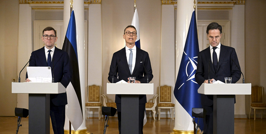 Estonian Prime Minister Kristen Michal, Finnish President Alexander Stubb and NATO Secretary General Mark Rutte hold a joint press conference at the summit of the Baltic Sea NATO countries at the Presidential Palace in Helsinki, Finland, on Tuesday (AFP photo)