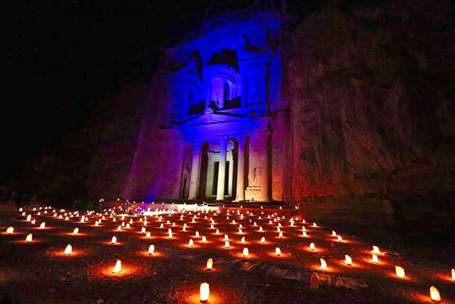 Petra’s Treasury lit up in orange and blue on February 4, 2018, in show of solidarity on World Cancer Day (Photo courtesy of the Petra Development and Tourism Region Authority)