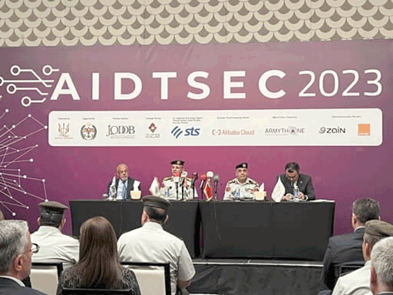 Officials hold a press conference announcing the details of the upcoming second edition of the Artificial Intelligence in Defence Technologies and Cybersecurity conference in Amman on Wednesday (Photo courtesy of organisers)