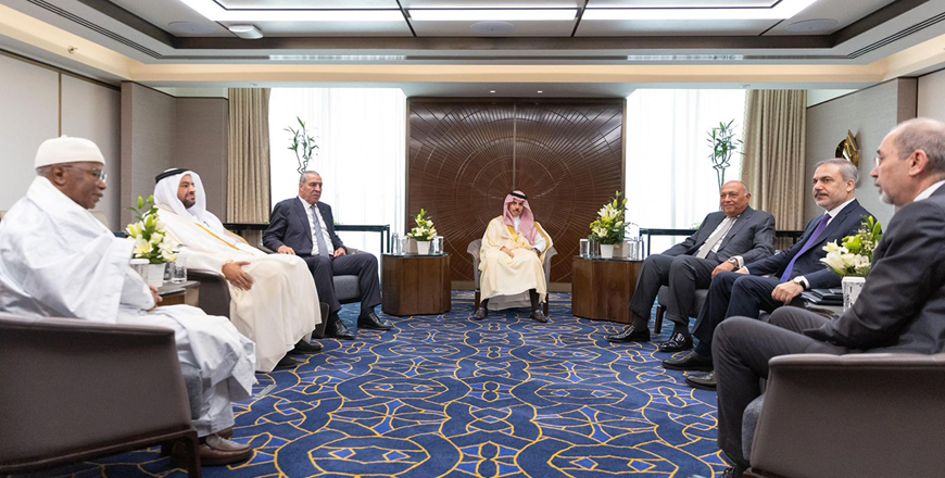 Deputy Prime Minister and Foreign Minister Ayman Safadi, along with members of the ministerial committee assigned by the Joint Arab-Islamic Extraordinary Summit, on Sunday discuss the developments in Gaza (Petra photo)