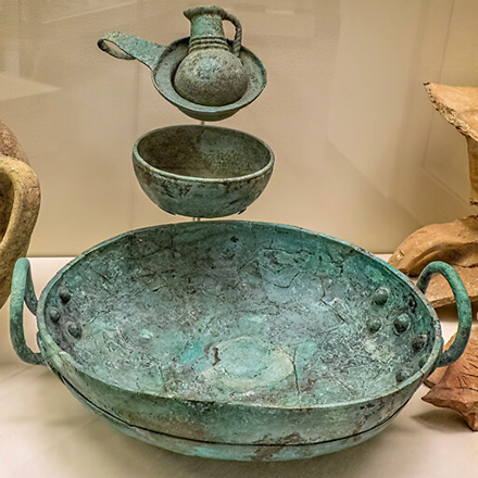 Bronze wine strainer, juglet, drinking bowl, mixing bowl  found at Tell es-Sa’idiyeh tomb dated from the Late Bronze IIB 1300-1200BC (Photo courtesy of Penn Museum)