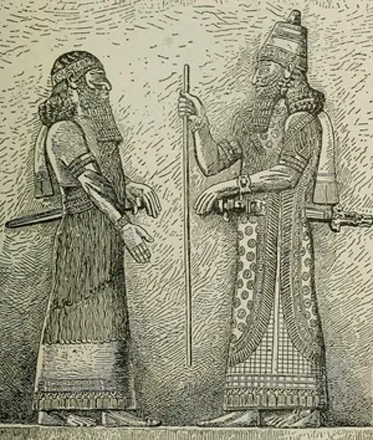 Sargon II (right), illustration of a relief from the palace at Dur Sharrukin , Iraq (Photo courtesy of Britannica)