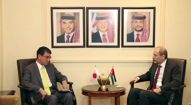Foreign Minister Ayman Safadi meets with Japanese Defence Minister Taro Kono on Sunday (Petra photo)
