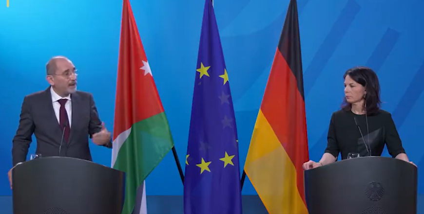Ayman Safadi and German Annalena Baerbock hold a joint press conference on Tuesday in Berlin (Photo courtesy of Foreign Ministry)