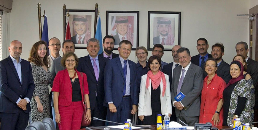 Officials from Jordan, Iraq, the UN and the EU on Sunday pose for a photo at a gathering to celebrate a new project to boost employment while preserving heritage sites in both Jordan and Iraq (Photo courtesy of the EU)