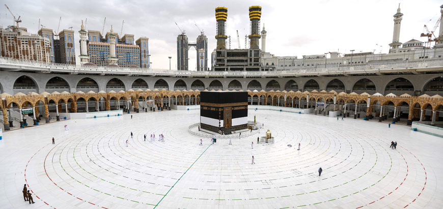 This photo taken on Tuesday shows a view of the Kaaba, Islam's holiest shrine, at the centre of the Grand Mosque in the holy city of Mecca, ahead of the annual Muslim Hajj, with rings laid in place around it to separate pilgrims as part of social distancing measures due to the COVID-19 coronavirus pandemic (AFP photo)