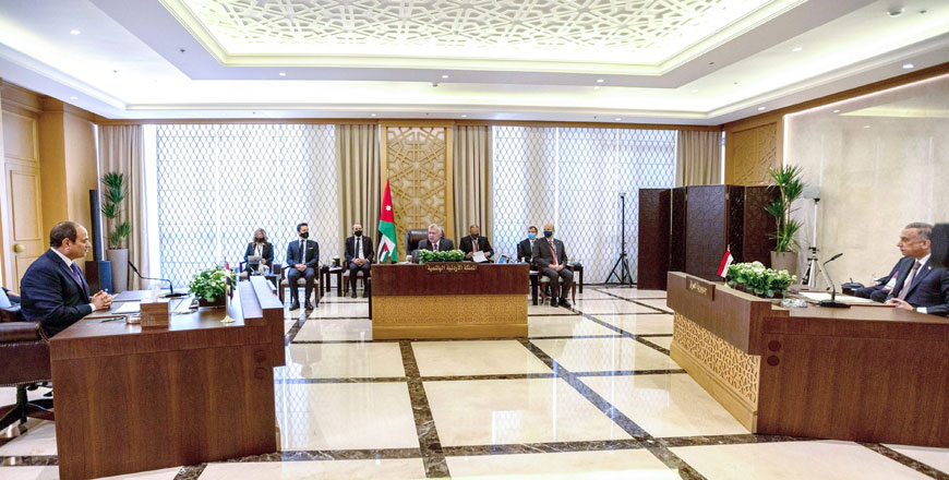 His Majesty King Abdullah, Egypt President Abdel Fattah El Sisi and Iraq Prime Minister Mustafa Al Kadhimi hold the third trilateral summit between Jordan, Egypt and Iraq in Amman on Tuesday (Photo courtesy of Royal Court)
