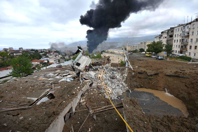 A view shows aftermath of recent shelling during the ongoing fighting between Armenia and Azerbaijan over the breakaway Nagorno-Karabakh region, in the disputed region's main city of Stepanakert, on Saturday (AFP photo)