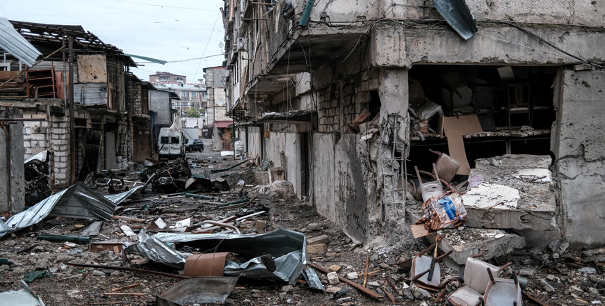 A view shows aftermath of recent shelling during the ongoing fighting between Armenia and Azerbaijan over the breakaway Nagorno-Karabakh region, in the disputed region's main city of Stepanakert, on Monday (AFP photo)