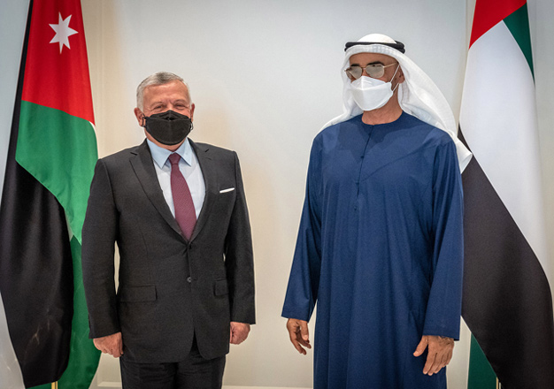 His Majesty King Abdullah and Sheikh Mohammed Bin Zayed Al Nahyan, the crown prince of Abu Dhabi and the deputy supreme commander of the UAE Armed Forces, on Saturday discuss bilateral relations and regional developments in Abu Dhabi  (Photo courtesy of Royal Court)