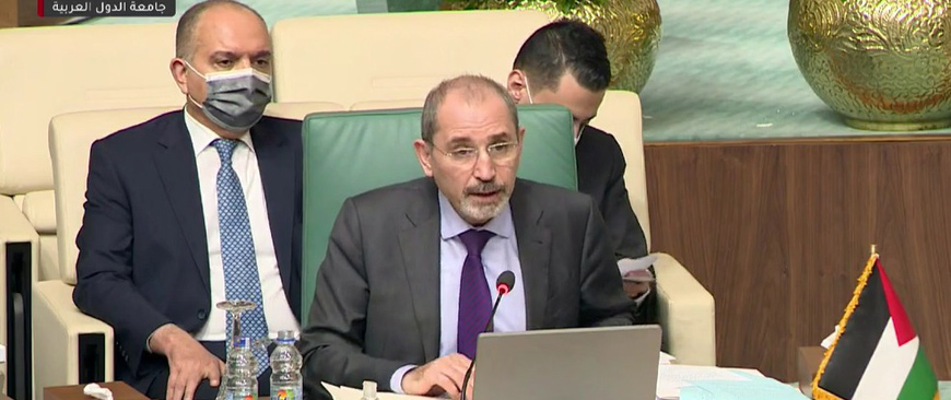 Deputy Prime Minister and Foreign Minister Ayman Safadi delivers the Kingdom's speech at the 155th ordinary session of the Arab League at the foreign ministers level in Cairo on Wednesday,in this still image taken from video (Petra photo)
