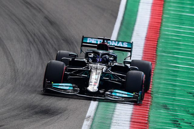 Mercedes’ British driver Lewis Hamilton drives during the qualifying session on the eve of the Emilia Romagna Formula One Grand Prix at the Autodromo Internazionale Enzo e Dino Ferrari race track in Imola, Italy, on Saturday (AFP  photo)