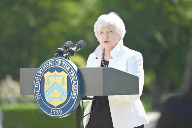 US Treasury Secretary Janet Yellen speaks during a press conference at Winfield House in London on Saturday, after attending the G-7 Finance Ministers meeting (AFP photo)
