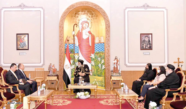 Jordan’s Ambassador to Egypt Amjad Adaileh meets with Pope Tawadros II at the papal headquarters in Abassiya on Wednesday (Petra photo)