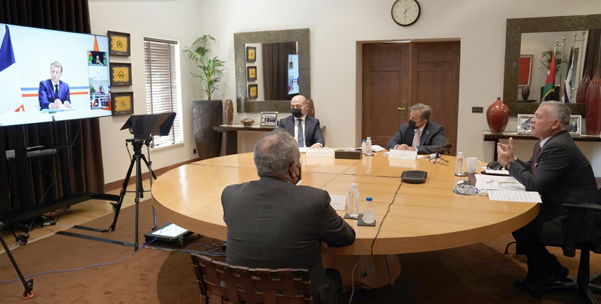His Majesty King Abdullah addresses the third Conference to Support the Population of Lebanon, held via teleconference,  on Wednesday (Photo courtesy of Royal Court)