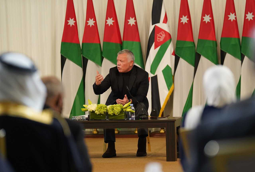 His Majesty King Abdullah speaks during a meeting with representatives and leading figures from Central Badia tribes in Central Badia on Monday (Photo courtesy of Royal Court)