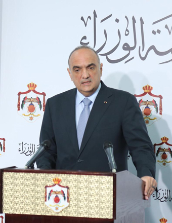 Prime Minister and Minister of Defence Bisher Al Khasawneh holds a press conference at the Prime Ministry on Sunday (Petra photo)