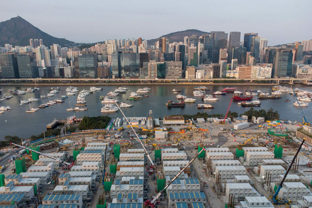This aerial photo shows the construction site of a temporary isolation facility to house COVID-19 patients being built at Kai Tak Cruise Terminal in Hong Kong on Wednesday (AFP photo)