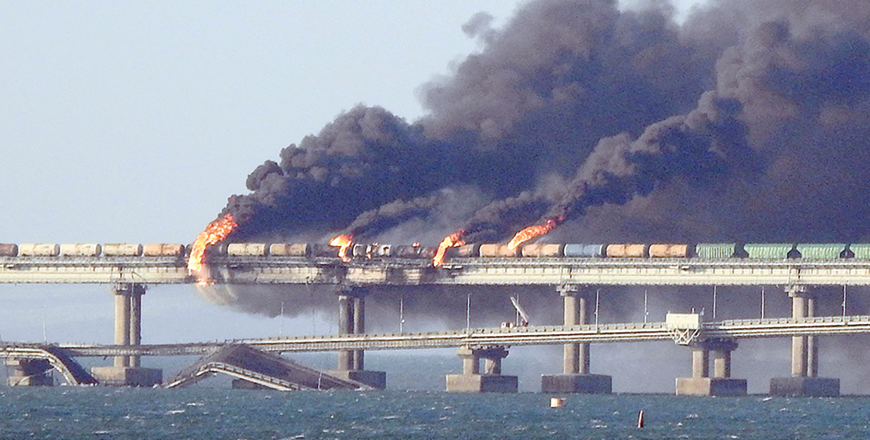 This photo shows black smoke billows from a fire on the Kerch bridge that links Crimea to Russia, after a truck exploded, near Kerch, on Saturday (AFP photo)