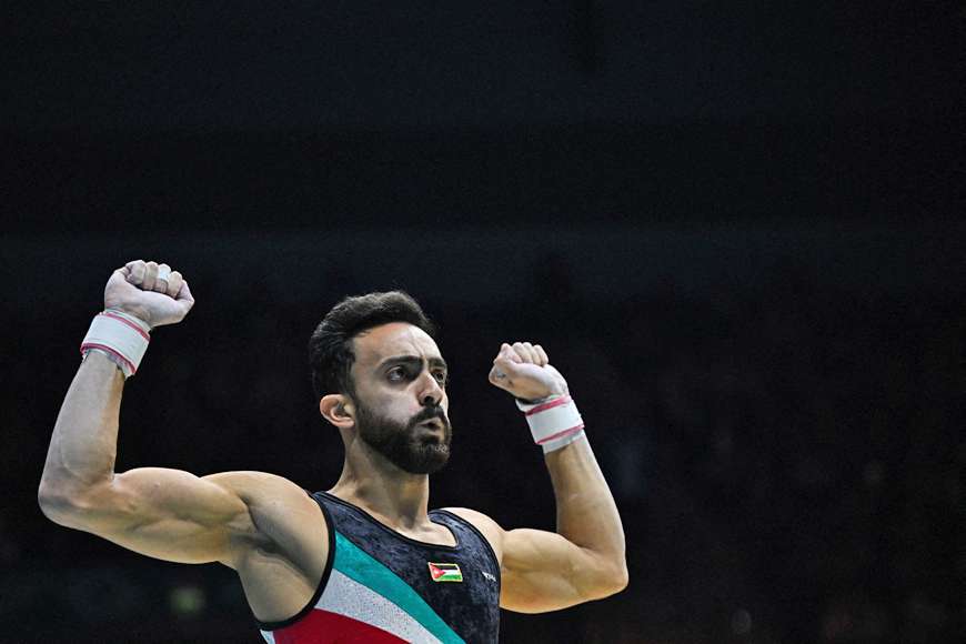 Jordania's Ahmad Abu Al Soud reacts after competing during the Men's Pommel Horse final at the World Gymnastics Championships in Liverpool, northern England on Saturday (AFP photo)