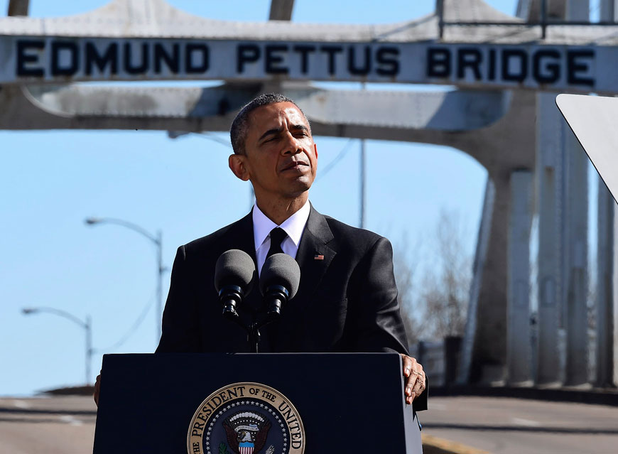President Barack Obama speaks near the Edmund Pettus Bridge in Selma, Alabama, on  March 7 (AP file photo)
