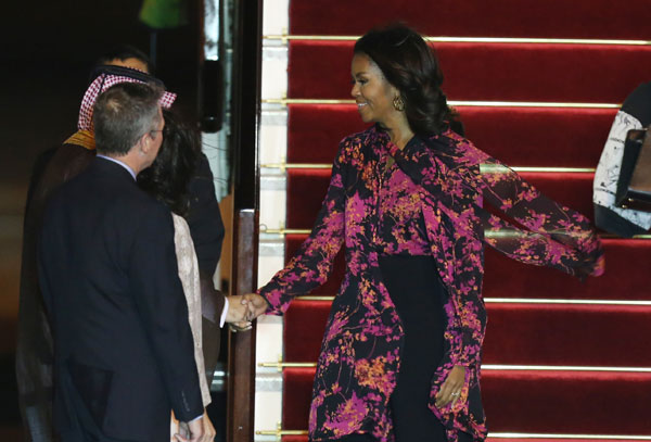 First Lady Michelle Obama arrives at the Hamad Airport in Doha on Monday (AP photo)