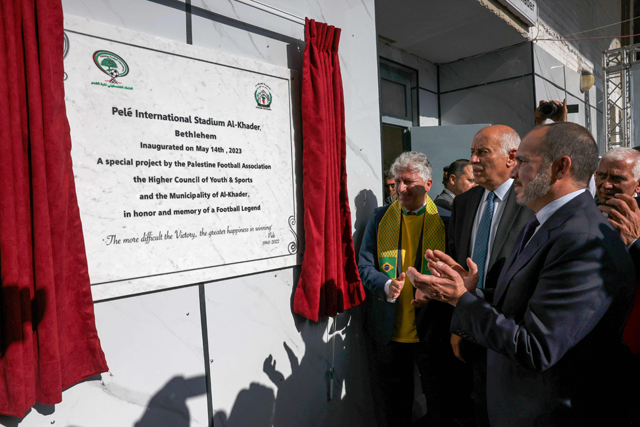 HRH Prince Ali, Brazilian Ambassador in Palestine Alessandro Candias and Palestinian Football Association President Jibril Rajoub during the inauguration of the newly renamed Pele Stadium ahead of a football match between Jordan and Palestine in Al Khader village in Bethlehem on Sunday (AFP photo)