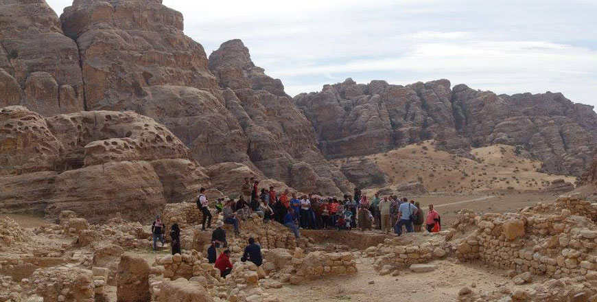 The ‘Deep Past as a Social Asset in the Levant’ research team and local community members visit the Beidha Neolithic site and Little Petra in Siq Al Barid on November 18 (Photo courtesy of CBRL)