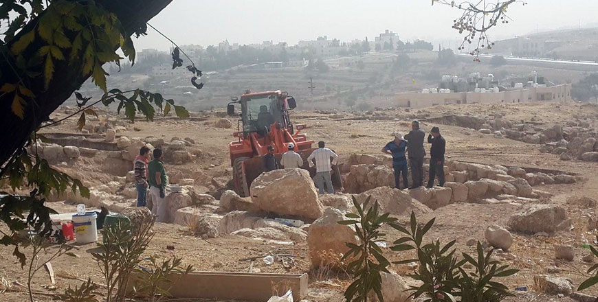 In this photo shared on social media, a bulldozer purportedly overruns the alleged site of an ancient church in Kherbet Yajouz recently 