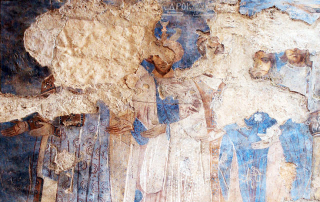   In this undated photo, the Painting of the Six Kings can be seen. It is thought to originate from 710-750 AD in Qasr Amra, 85km east of Amman (Photo courtesy of Edward Zychowicz-Coghill)