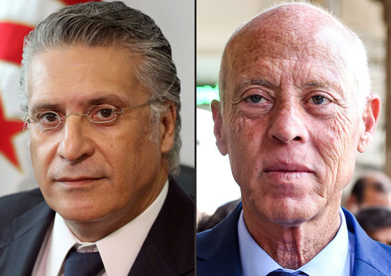This combination of file photos created on Monday shows (left to right) Nabil Karoui, Tunisian media magnate and presidential candidate for Qalb Tounes (Heart of Tunisia) party, currently jailed on corruption charges, in Tunis on August 2; and independent candidate Kais Saied in the capital Tunis on September 10 (AFP photo)